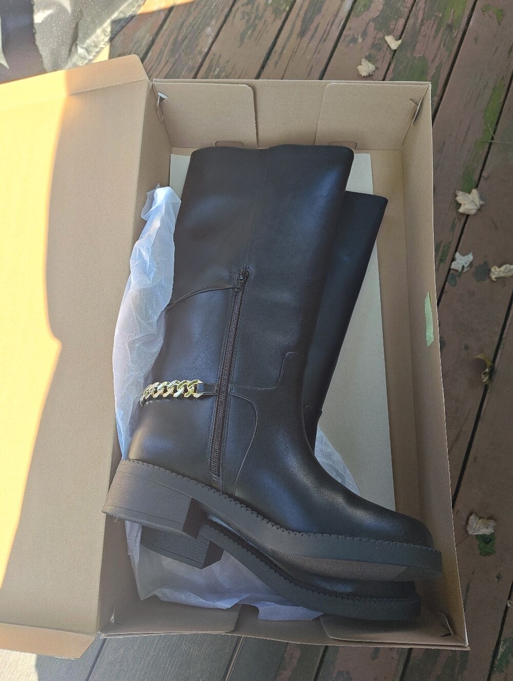 8.5 Black Knee-High Boots With Gold Chain Accent
